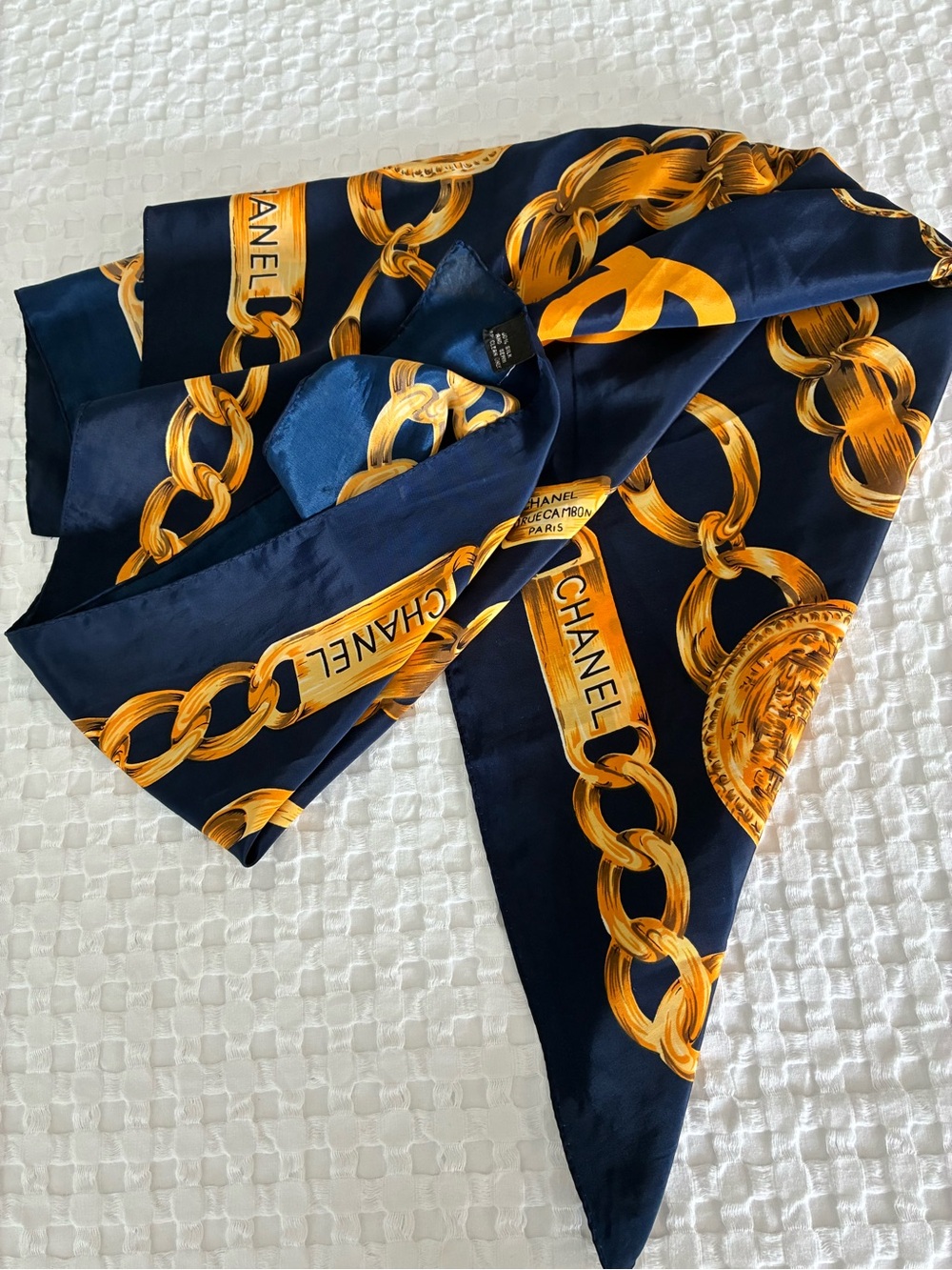 Navy and Gold Chain Motif Silk Scarf